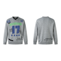Grey marl V-neck knit sweater with blue number 17, neon green graffiti lettering and star motifs on the front
