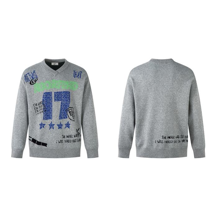 Grey marl V-neck knit sweater with blue number 17, neon green graffiti lettering and star motifs on the front