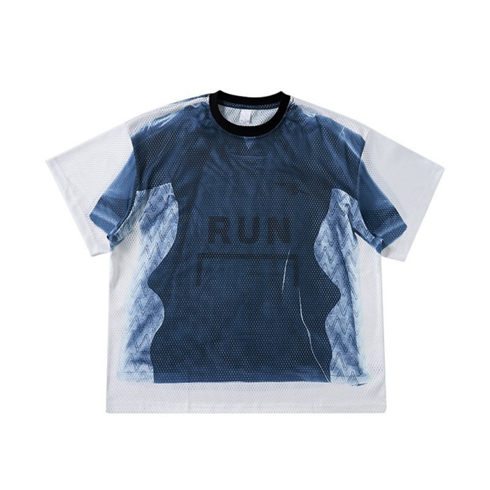 Blue and white mesh jersey tee with black collar and bold RUN graphic design