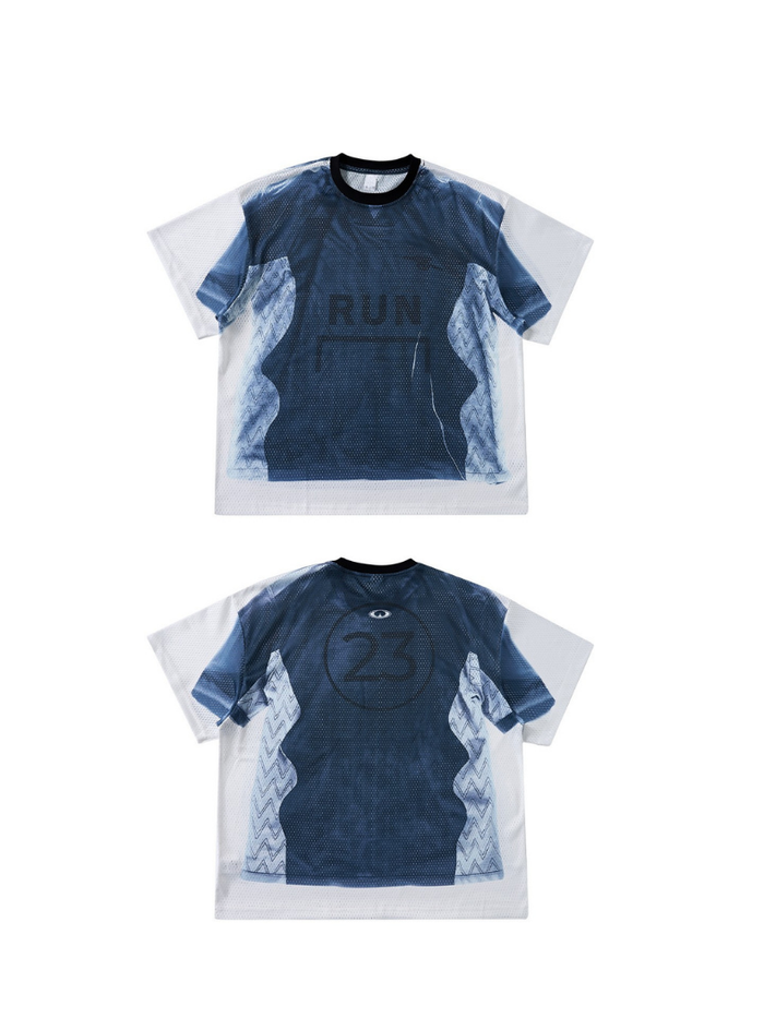 Blue and white mesh jersey tee with RUN front print and number 23 graphic on the back, short sleeves, streetwear style