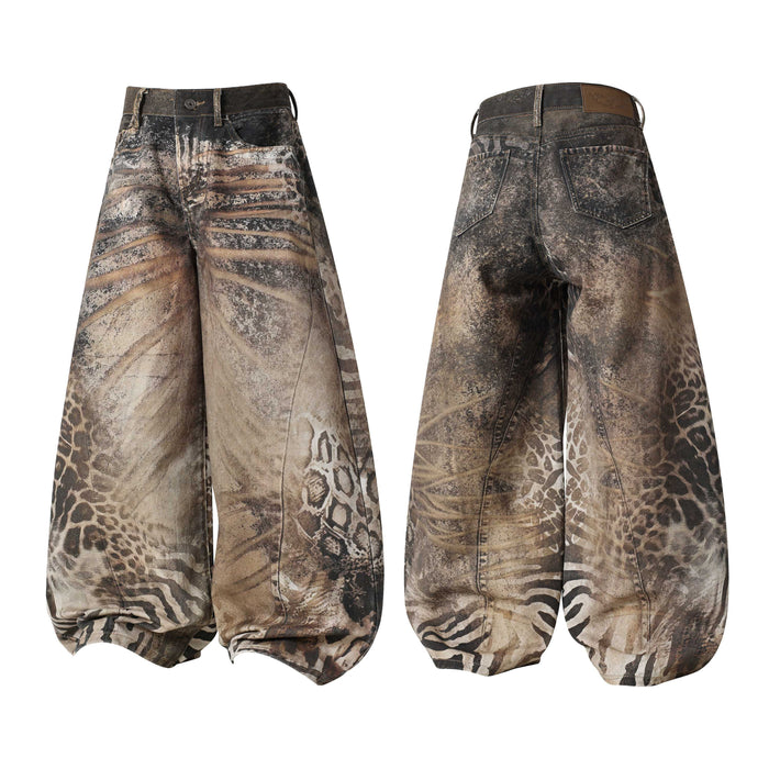Omirad Savage Pattern Balloon Jeans front and back view showing all-over hybrid animal print on oversized wide leg denim