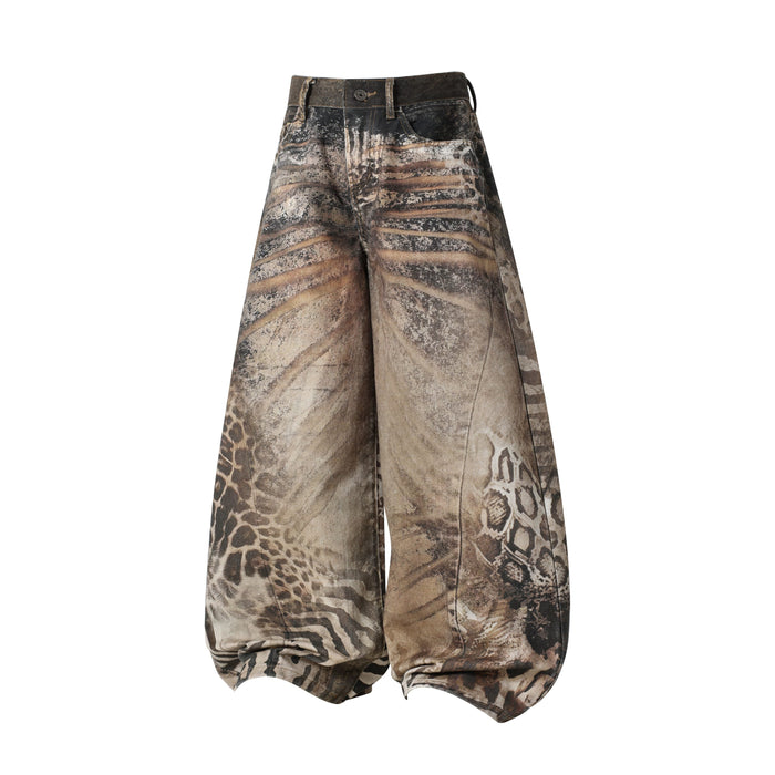 Front view of wide leg jeans with brown and black animal print and balloon shape