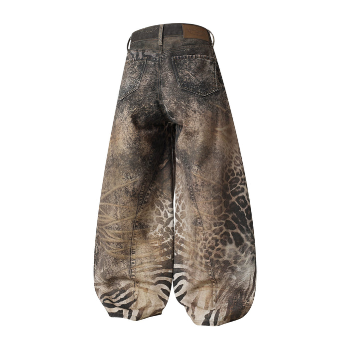 Back view of wide leg balloon jeans with animal print, back pockets, and dark waistband