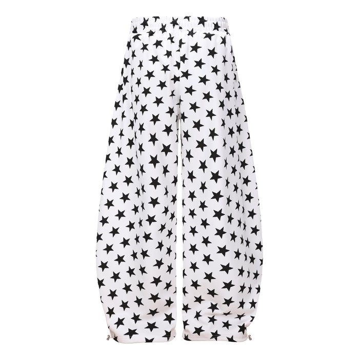 White star print wide-leg sweatpants shown from the back, with striped side panels and cuffed hems