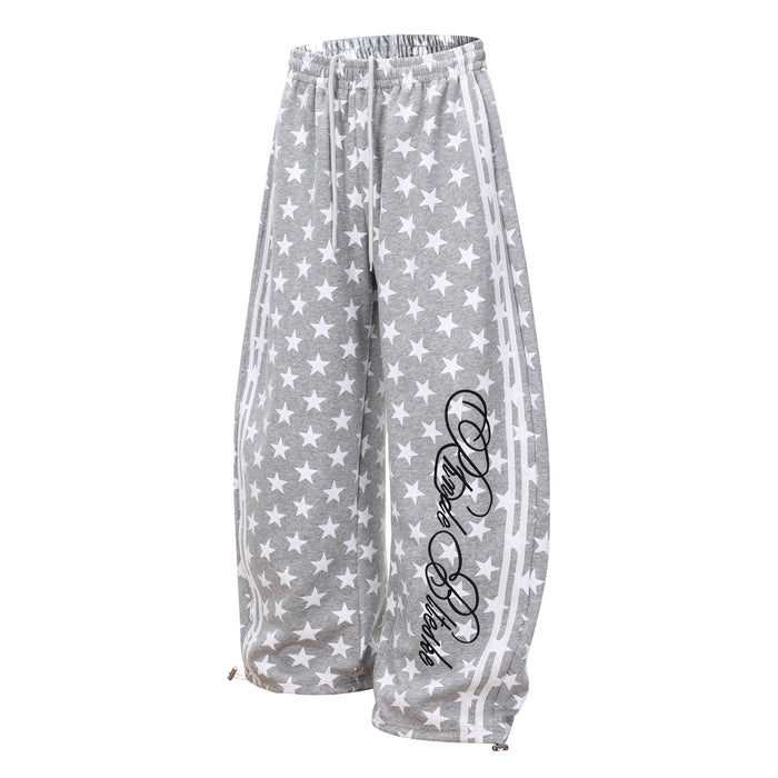 Gray star print wide-leg sweatpants angled view with white striped sides and script graphic