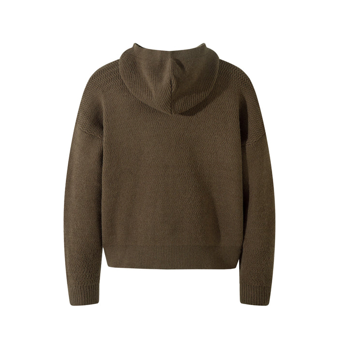 Brown textured knit zip-up hoodie shown back view with ribbed hem and cuffs