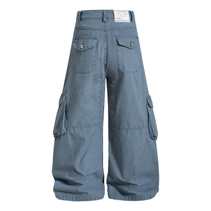 Blue cargo pants back view with rear flap pockets and wide legs