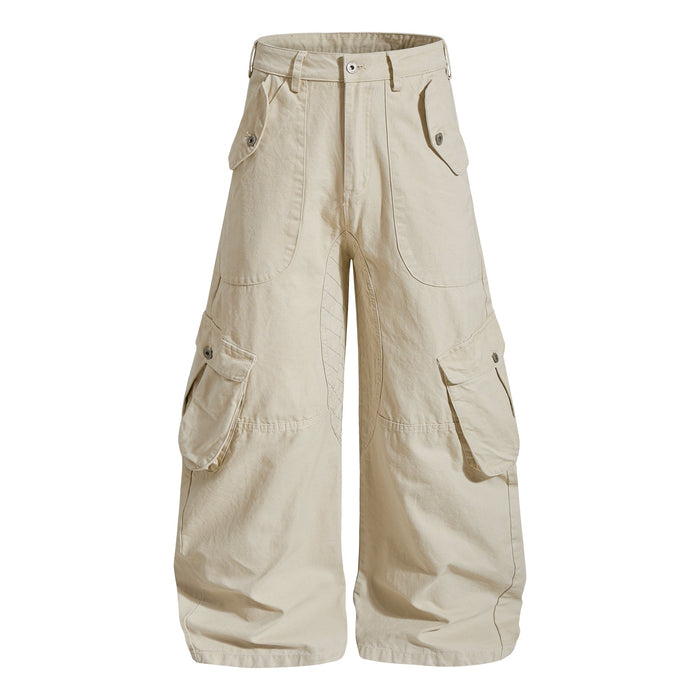 Beige cargo pants front view with wide legs and flap pockets