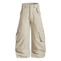 Beige cargo pants front view with wide legs and flap pockets