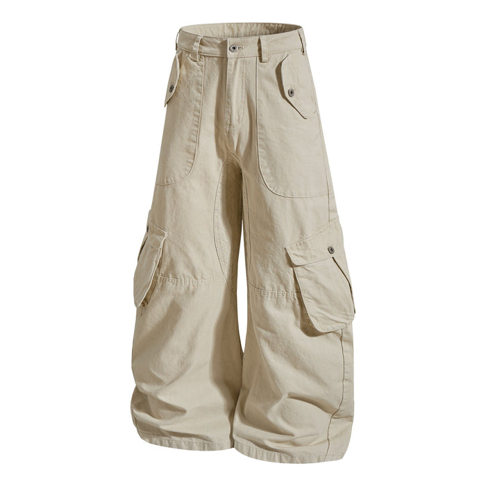 Beige cargo pants front view with side flap pockets and wide leg cut