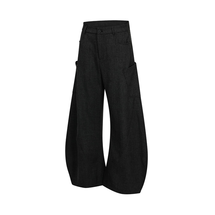 Black wide-leg cargo pants with cargo pockets and relaxed drape, angled front view