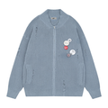 Light blue waffle knit zip cardigan with distressed details and badge pins, front view