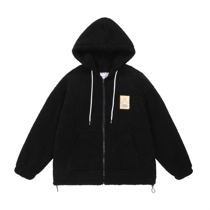 Black sherpa fleece zip-up hoodie jacket shown from the front with white drawstrings, chest patch, and adjustable hem