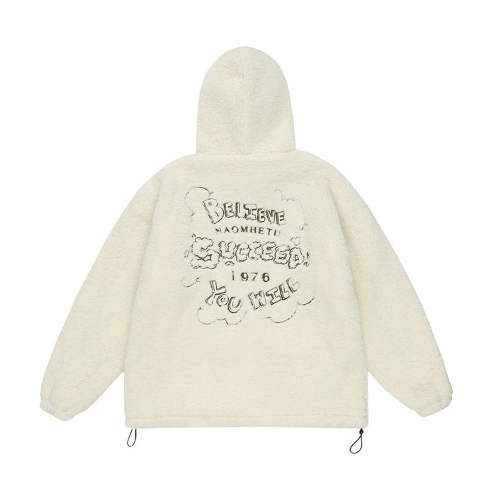 Cream sherpa fleece hoodie jacket shown from the back with a large outlined letter graphic and adjustable hem