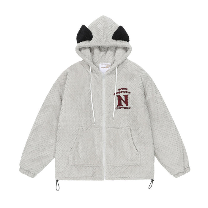 Oversized sherpa fleece zip-up hoodie in light grey with NOHEU varsity embroidery on back, front chest logo, and drawstring h