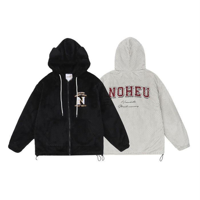Black and light gray sherpa fleece hoodies shown together, displaying the black front and gray back designs