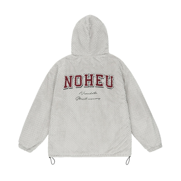 Light gray sherpa fleece hoodie shown from the back with large NOHEU lettering and script embroidery