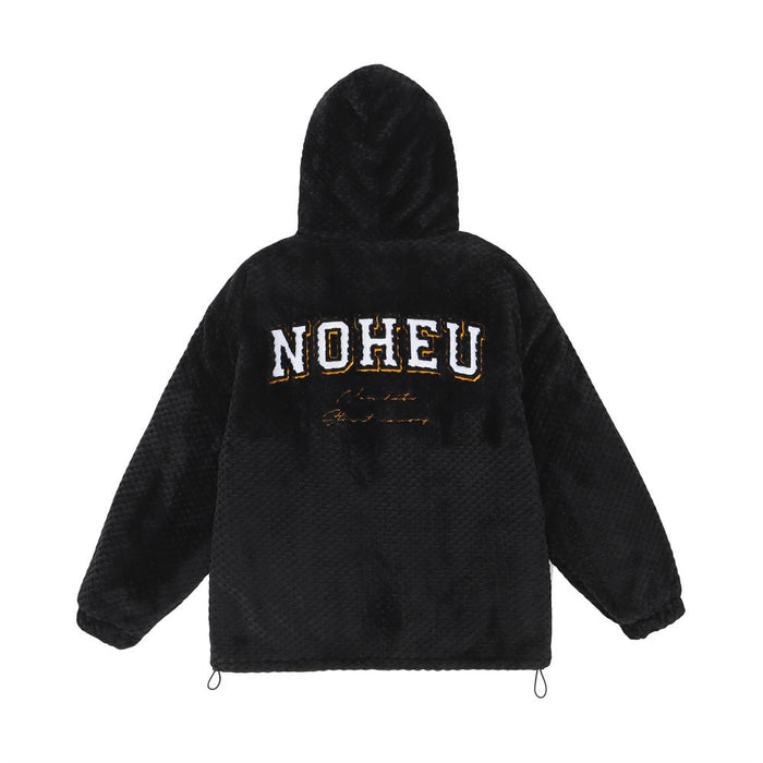 Black sherpa fleece hoodie shown from the back with large NOHEU lettering and outlined script detail