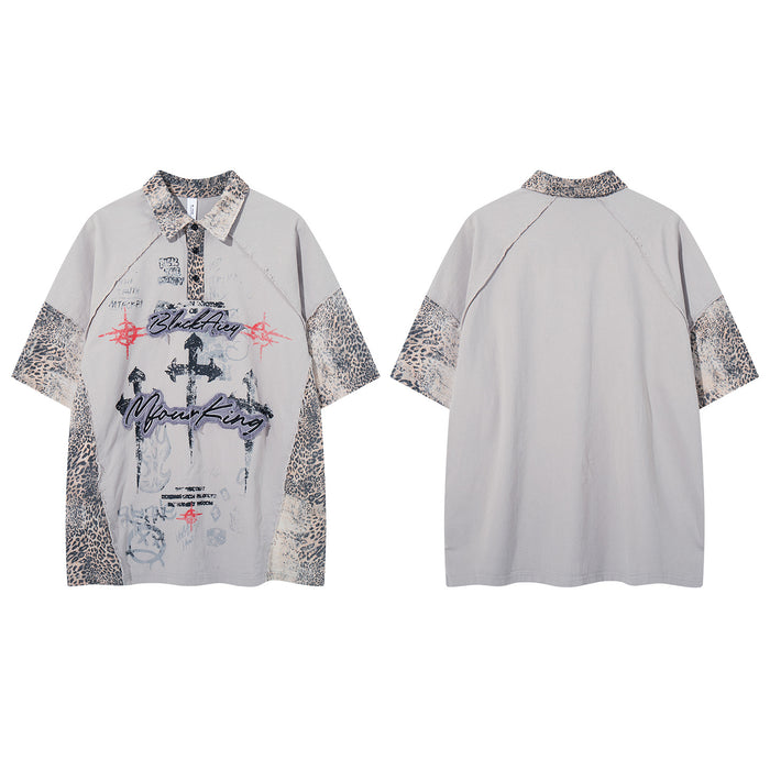 Gray collared shirt shown front and back with leopard-print collar and sleeve panels