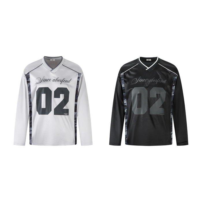 White and black Since 02 V-neck long sleeve jersey tops with bold number graphic and camo side panels