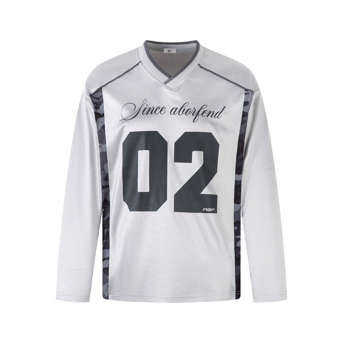 Front view of light gray V-neck long sleeve jersey top with black 02 graphic