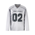 Front view of light gray V-neck long sleeve jersey top with black 02 graphic