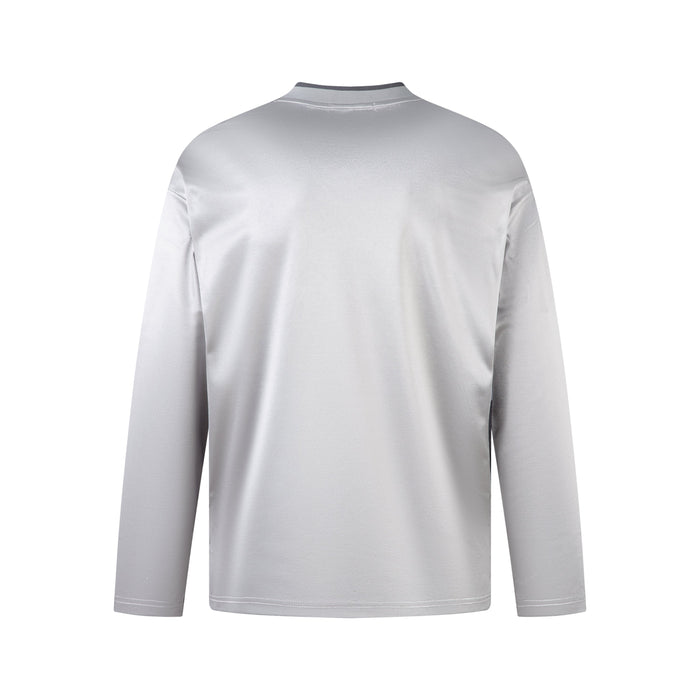 Back view of light gray long sleeve jersey top with plain solid back