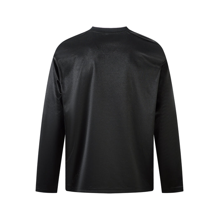 Back view of black long sleeve jersey top with plain solid back