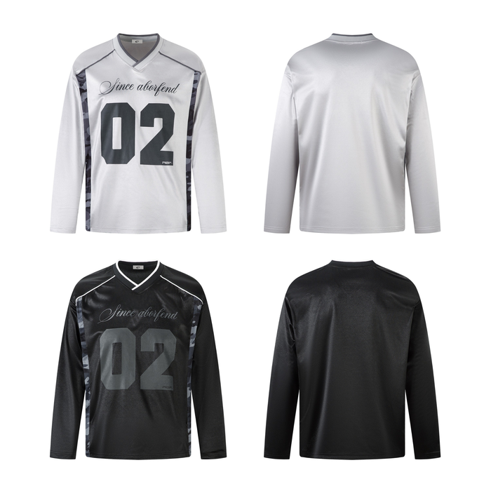 Front and back views of light gray and black V-neck long sleeve jersey top