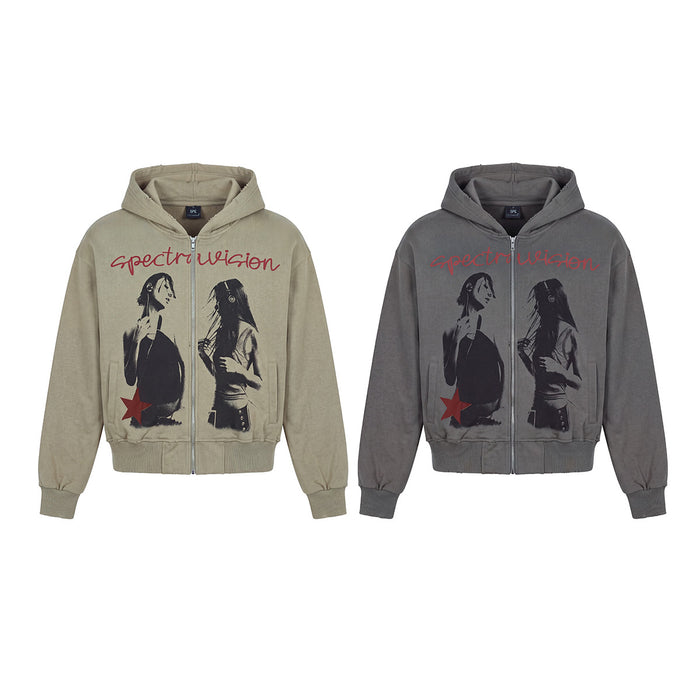Two zip-up hoodies in olive and washed charcoal gray with matching front graphics and red stars