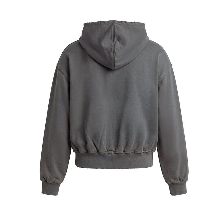 Washed charcoal gray zip-up hoodie shown from the back with hood, ribbed hem, and ribbed cuffs