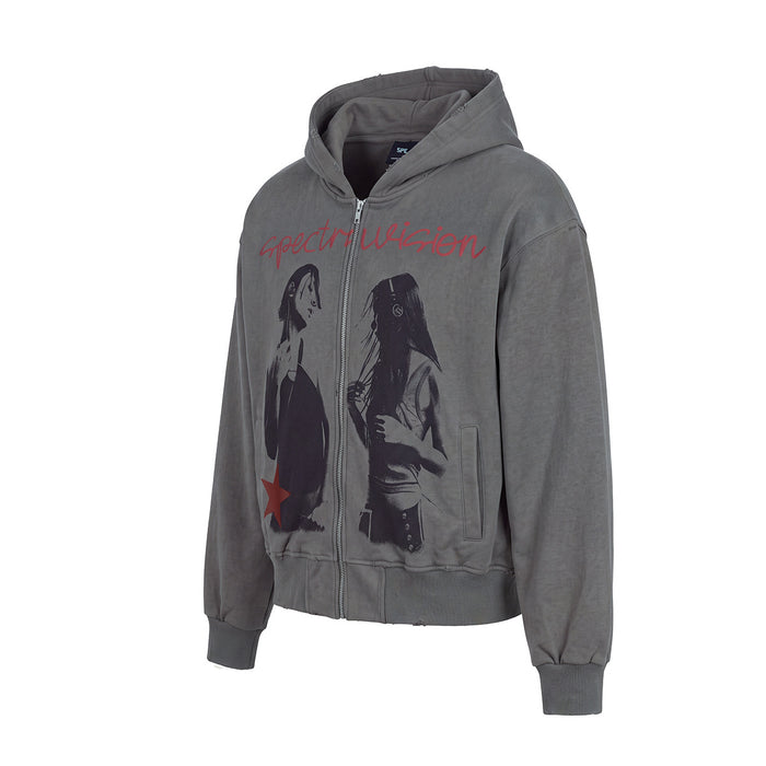 Washed charcoal gray zip-up hoodie in a three-quarter view with graphic front, hood, and silver zipper