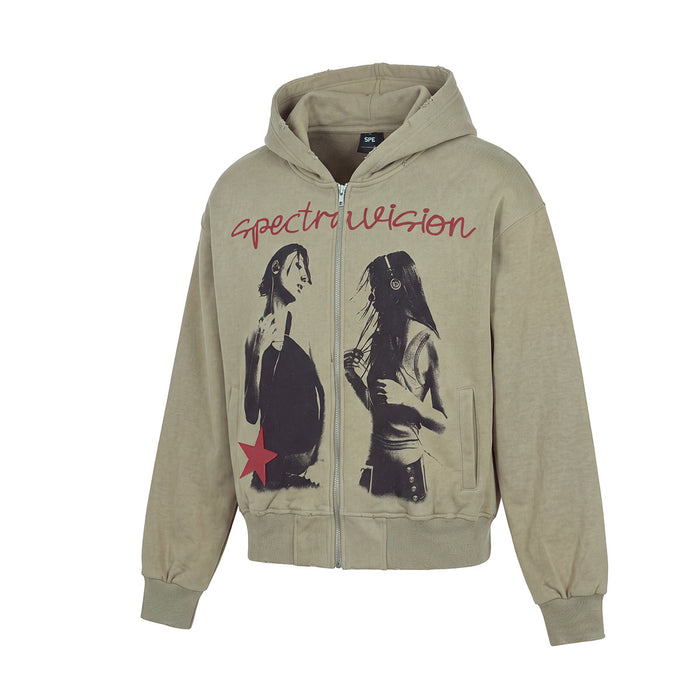 Olive graphic zip-up hoodie in a slightly angled front view with hood, pockets, and ribbed trim