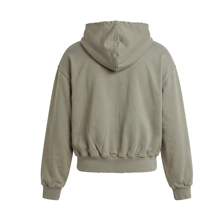 Olive zip-up hoodie shown from the back with plain fabric, hood, ribbed waistband, and ribbed cuffs