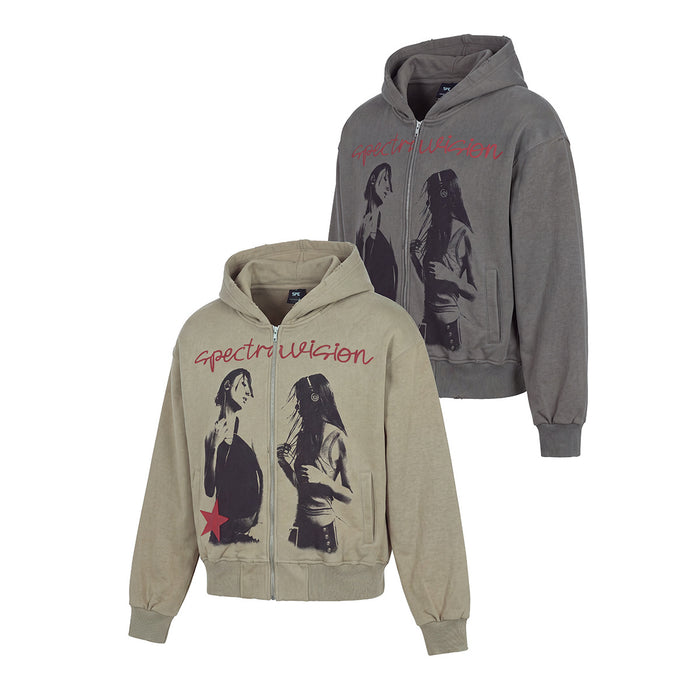 Olive and washed charcoal gray zip-up hoodies displayed together with matching illustrated front graphics