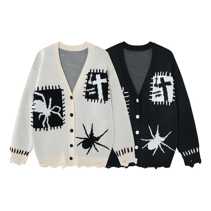 Cream and black knit cardigan sweaters with V-necks, contrast stitching, patch graphics, buttons, and distressed hems