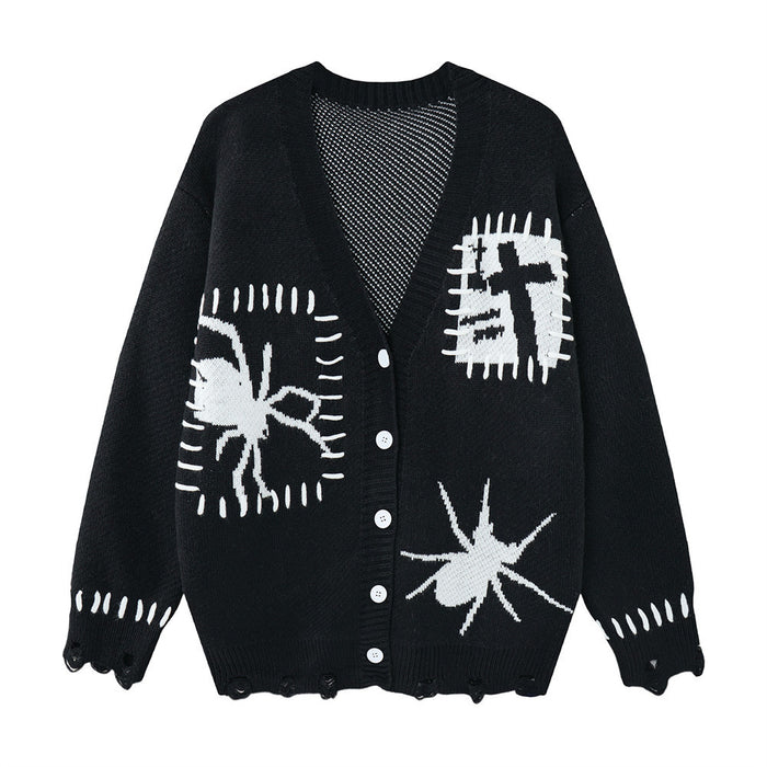 Men's oversized V-neck knit cardigan with spider and cross jacquard graphics and distressed hem in black