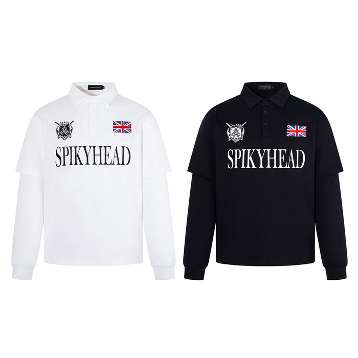Spikyhead oversized faux two-piece long sleeve polo shirt with Union Jack patch and heraldic crest graphic in black and white