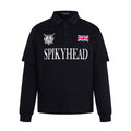 Black long sleeve polo shirt with oversized Spikyhead graphic and British crest on chest