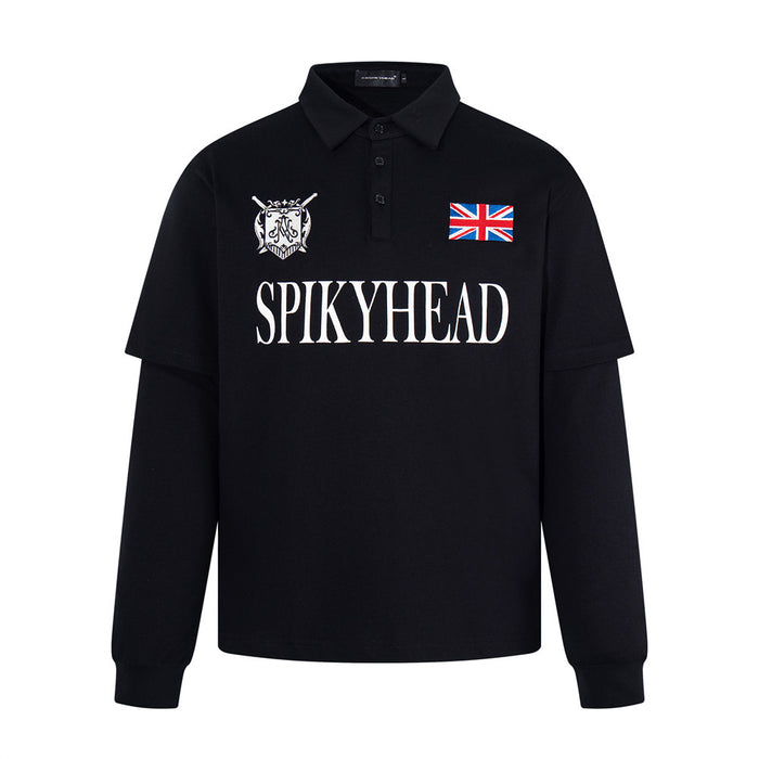 Black long sleeve polo shirt with oversized Spikyhead graphic and British crest on chest
