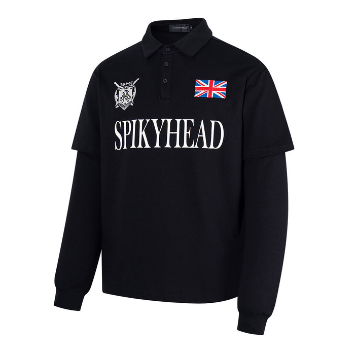 Black long sleeve polo shirt shown at a slight angle with front crest and British flag detail