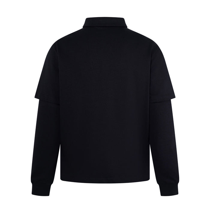Back view of a black long sleeve polo shirt with plain solid finish and ribbed cuffs