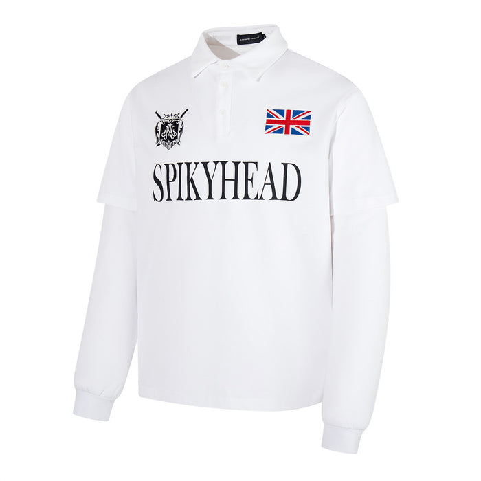 White long sleeve polo shirt shown at a slight angle with front crest and British flag detail