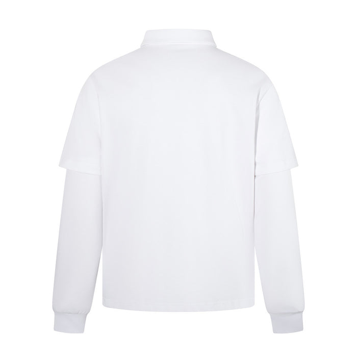 Back view of a white long sleeve polo shirt with plain solid finish and ribbed cuffs