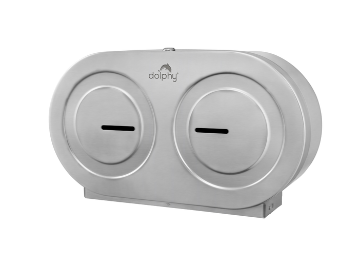Stainless steel double jumbo toilet roll dispenser, lockable wall unit holding two 230mm rolls