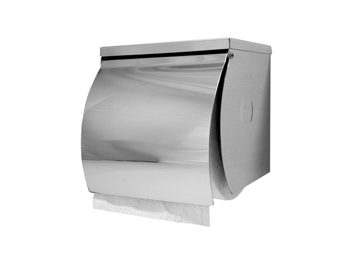 Stainless steel single toilet roll holder with shelf above, satin finish