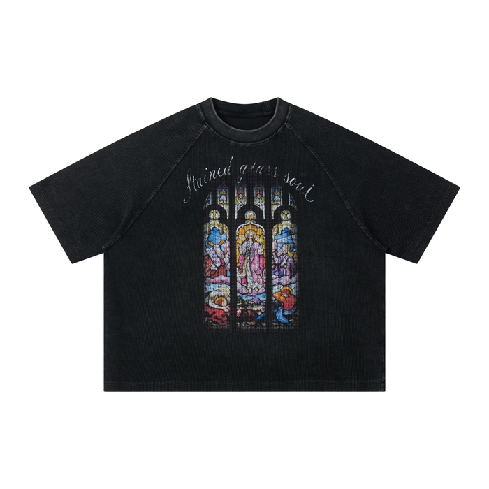 Black streetwear T-shirt with stained glass soul graphic and script text on the chest