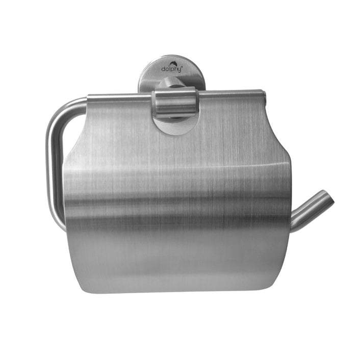 Stainless steel toilet roll holder with hinged cover, brushed finish
