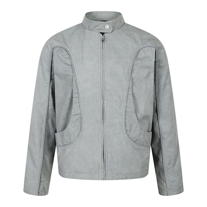 Men's oversized light mint corduroy stand collar zip jacket with curved seam detailing and large front pockets, front and bac