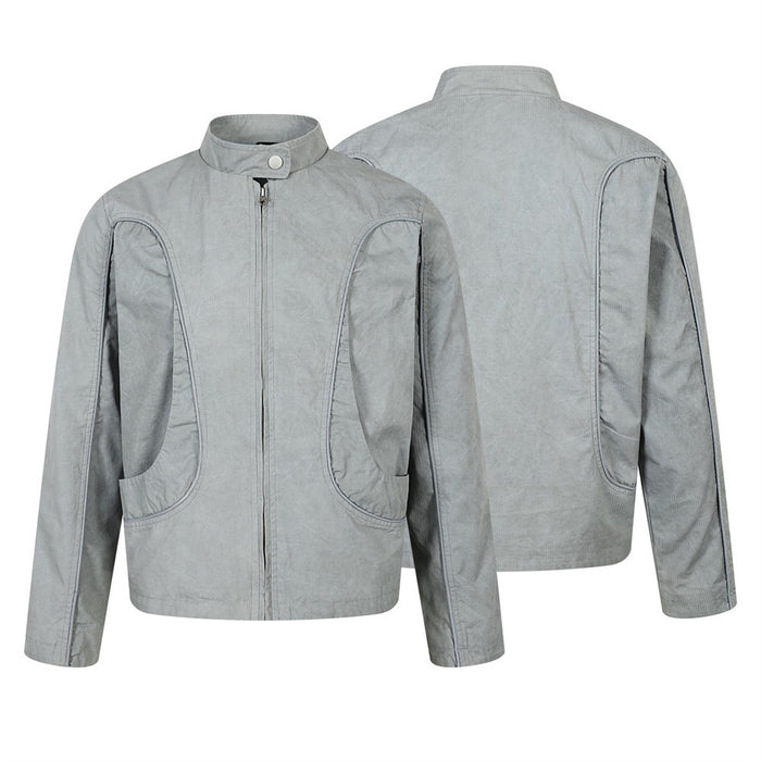 Light gray stand collar zip jacket shown front and back with curved seam detail